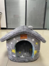 Foldable Dog House Pet Cat Bed Winter Dog Villa Sleep Kennel Removable Nest Warm Enclosed Cave Sofa Pets Supplies (Option: Grey stars Blue-Medium)